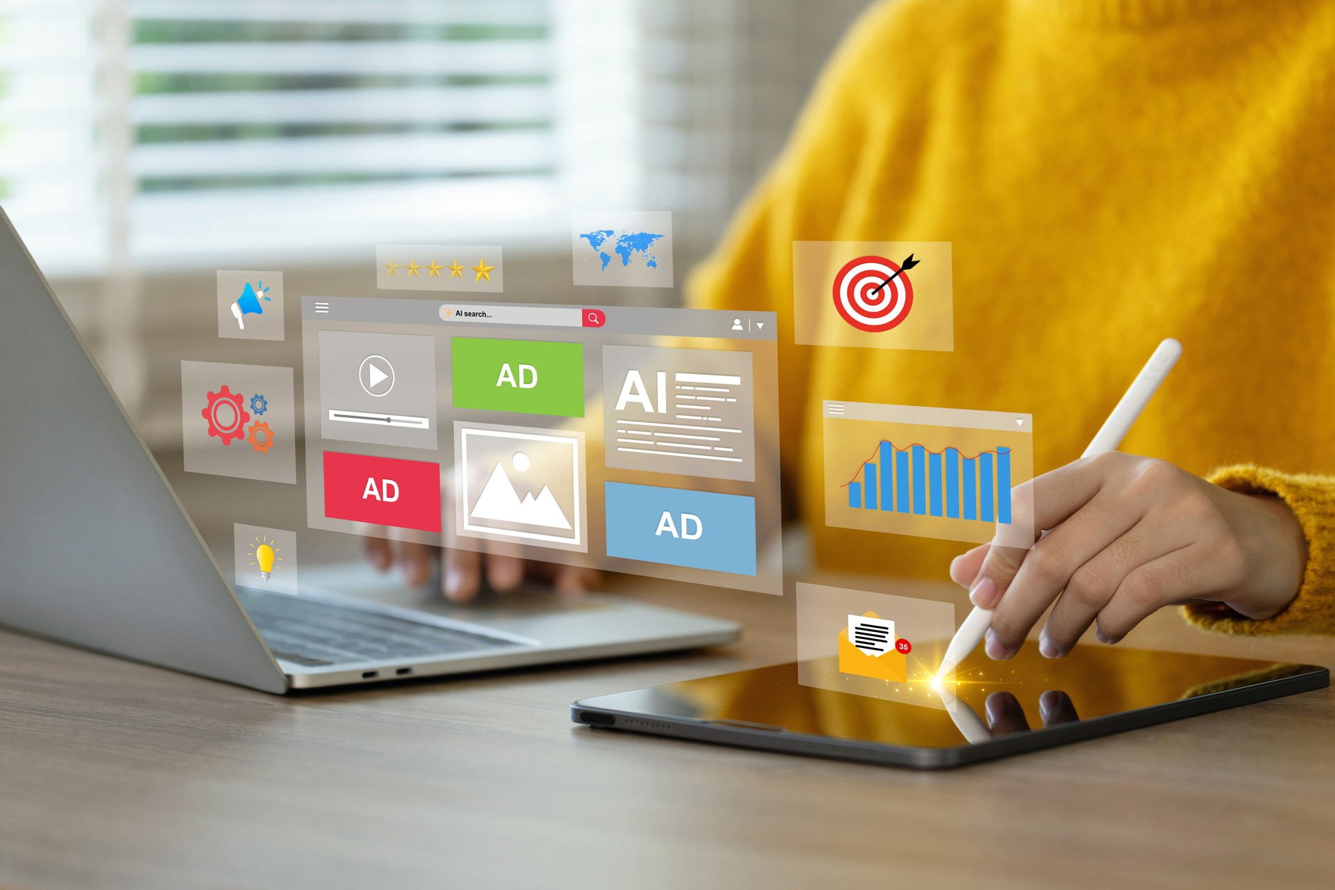 Online advertentieconcept, digitale marketingstrategieën en -doelstellingen. Vrouwen die een laptop gebruiken om de digitale marketingstrategie van Ads Dashboard te analyseren. Digitale marketing online, contentcreatie, betrokkenheid. SEO